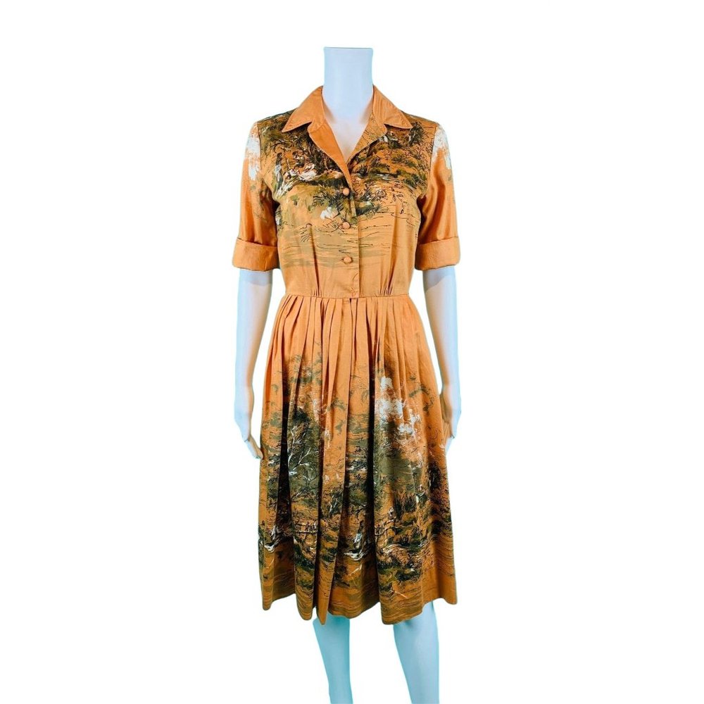 Vintage 50s Novelty Print Dress Womens XS Scenic Romantic Orange Shirtdress
